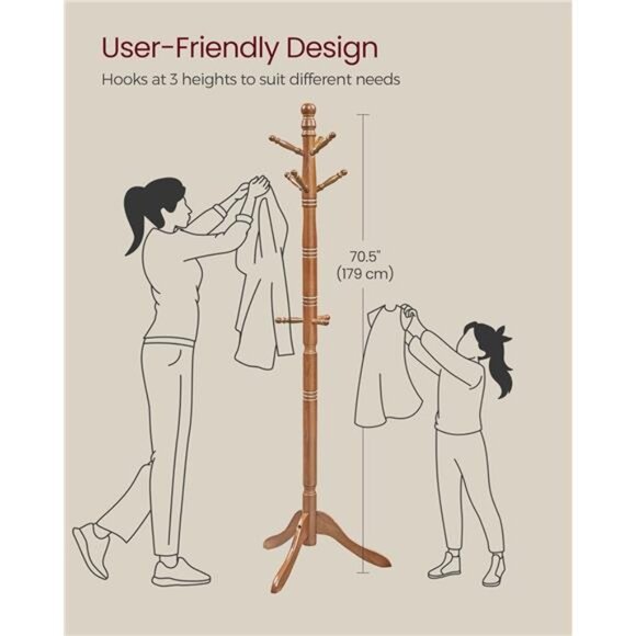 Solid Wood Coat Rack and Stand, Free Standing Hall Coat Tree with 10 - Picture 3 of 7